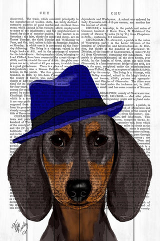 "Dachshund with Blue Trilby" Painting Print on White Wood, 24"x36"