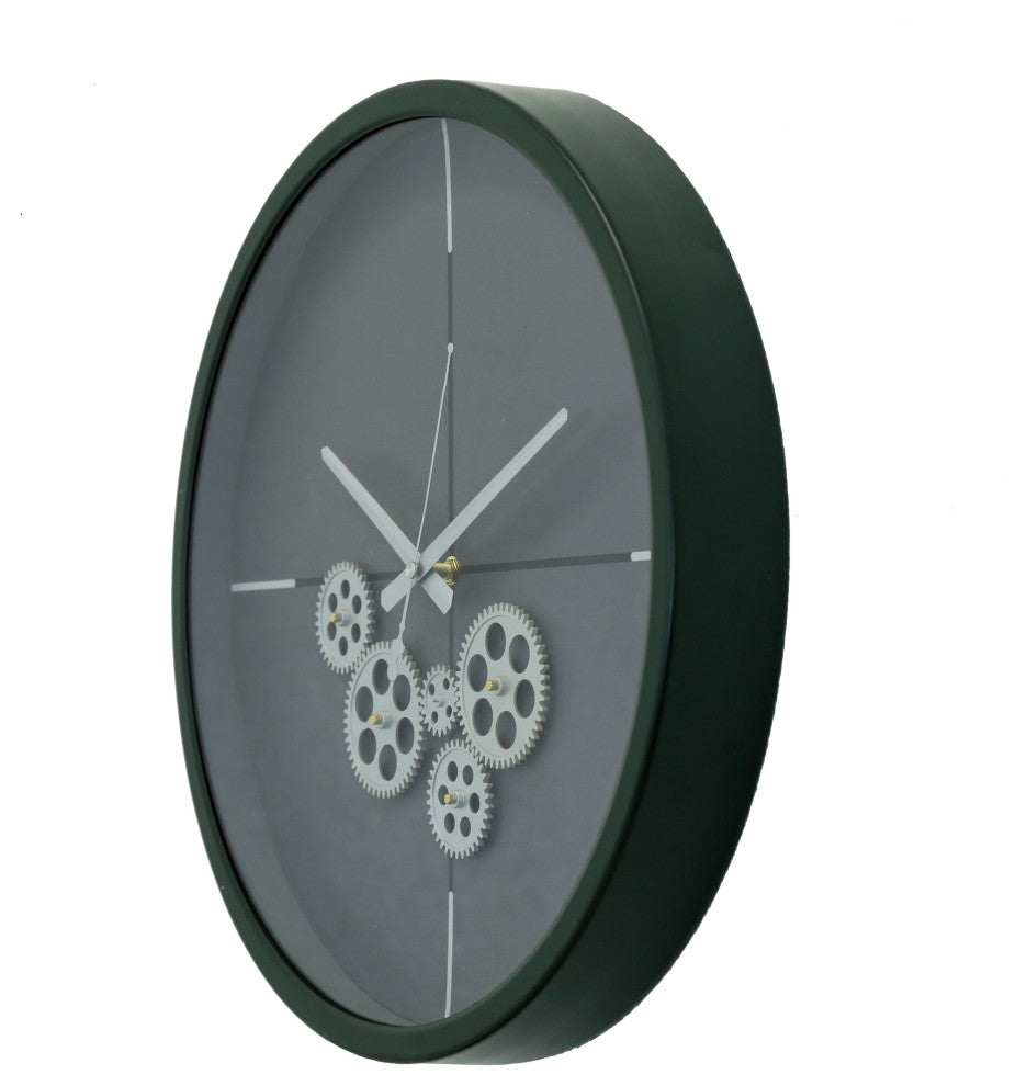 Modern Minimalist 18"D Dark Green Clock With Open Moving Gears