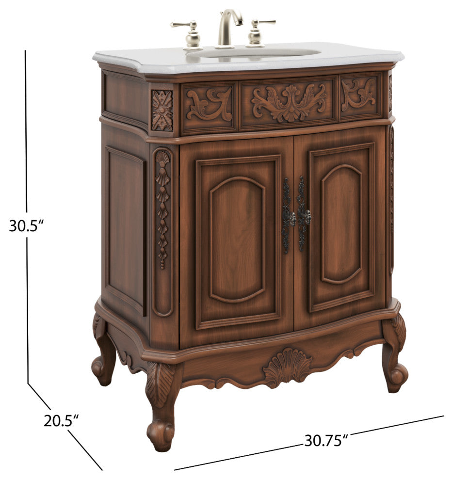 30 Inch Classic Style Fiesta Bathroom Sink Vanity, Brown, 30", Single Sink, Freestanding