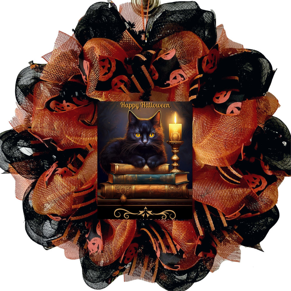 Happy Halloween Gothic Cat Handmade Deco Mesh Wreath
