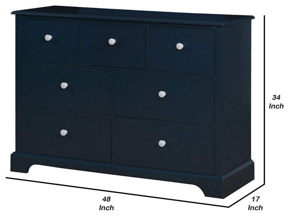 Benzara BM235451 Transitional 7 Drawer Wooden Dresser With Knob Pulls, Blue