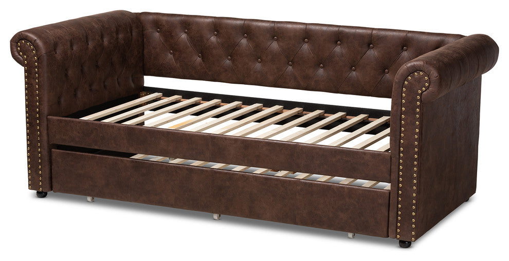 Janelle Contemporary Brown Faux Leather Upholstered Daybed With Trundle