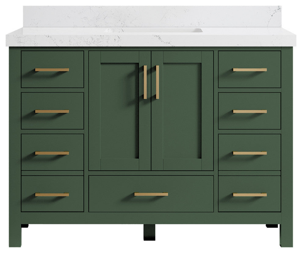 Preston Bath Vanity, Green, 48", Empira Quartz Top, Single, Freestanding