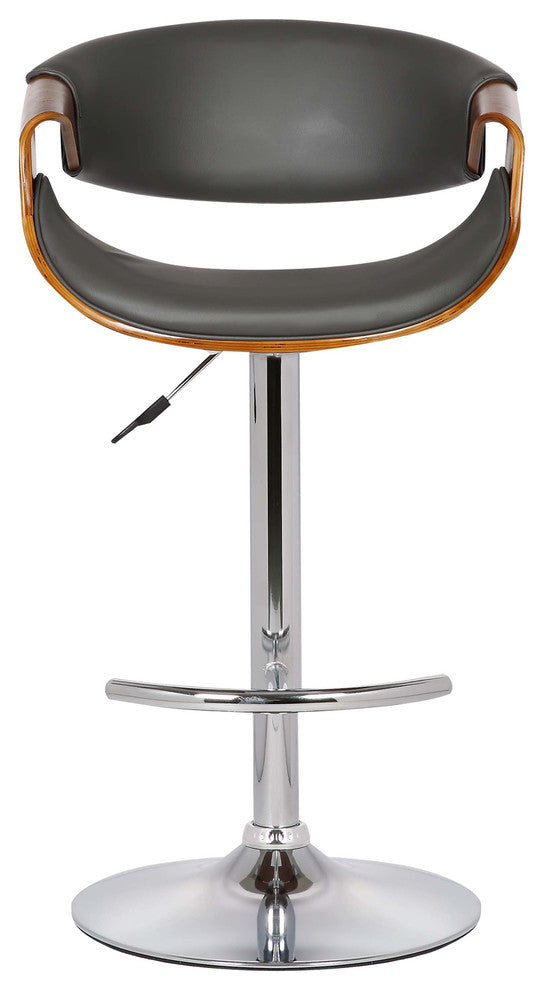 Jerrod Adjustable Swivel Barstool, Gray Faux Leather With Chrome & Walnut Wood