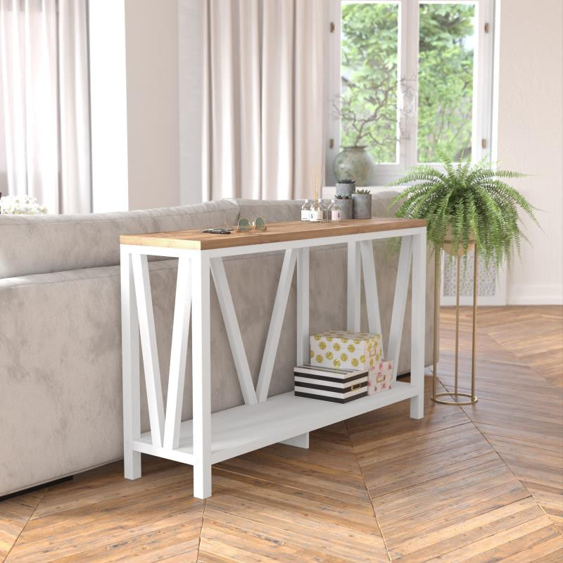 Charlotte Modern 2-Tier Farmhouse Console Accent Table, Brushed White Wash/Warm Oak