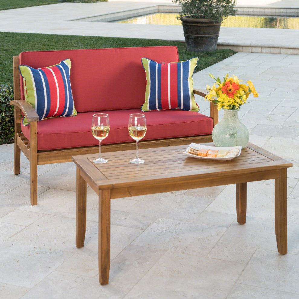 GDF Studio Keanu Outdoor Acacia Wood Loveseat and Coffee Table Set With Cushions, Red