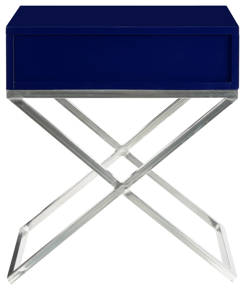 Katie Square Lacquer-Finish X-Metal Leg Nightstand, Navy Chrome