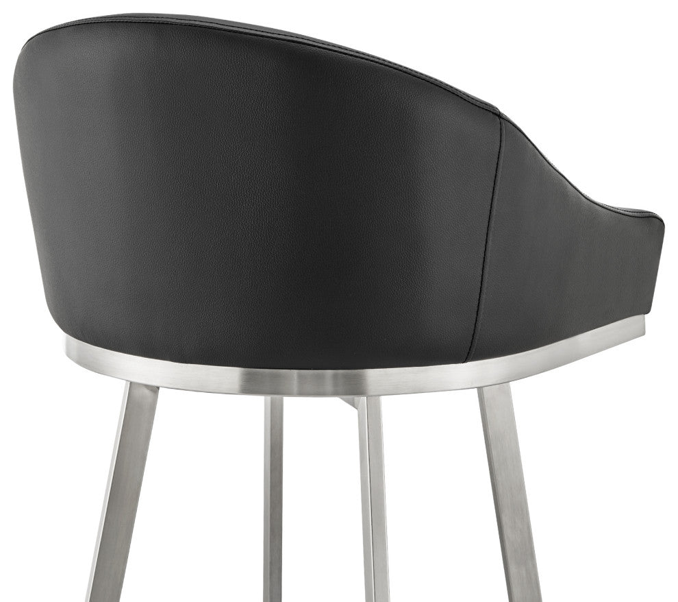 Noran Swivel Bar Stool, Brushed Stainless Steel With Black Faux Leather