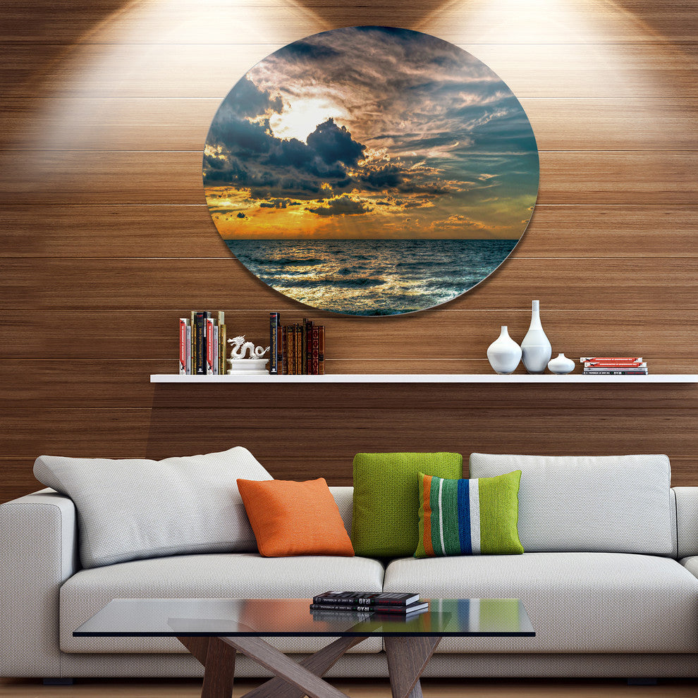 Sun Break Over Blue Ocean, Seashore Disc Metal Wall Art, 11"