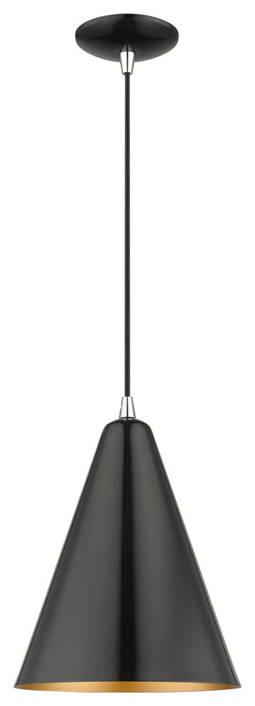 Dulce 1-Light Shiny Black Cone Pendant, Polished Chrome Accents