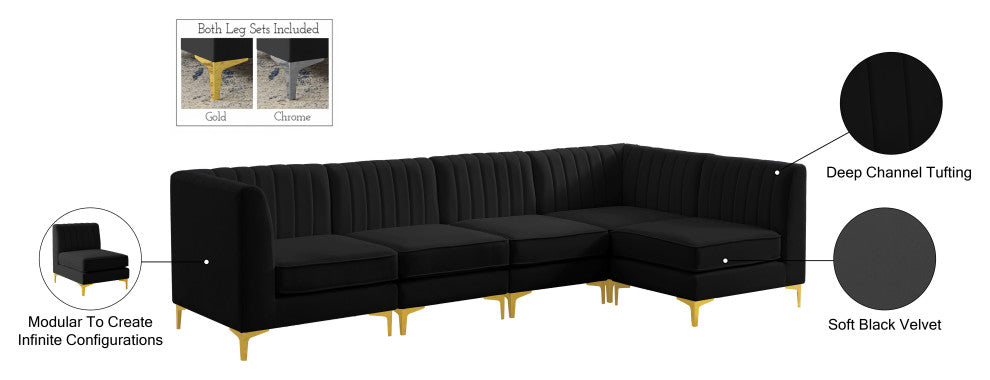 Alina Velvet Modular L-Shaped Modular Sectional, Black, 5-Piece: 3 Armless Chair, 2 Corner Chair