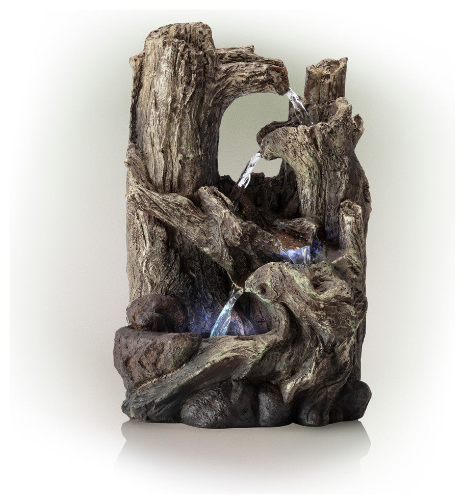 Alpine 5-Tiered Rainforest Tree Trunk Tabletop Fountain, LED Lights, 14" Tall