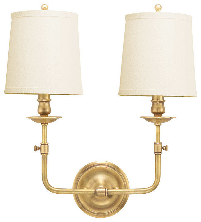 Logan, Two Light Wall Sconce, Aged Brass Finish, Off White Linen Shade