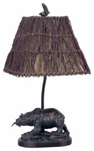 60W Resin Bear Accent Lamp, Antique Bronze Finish, Twig Shade