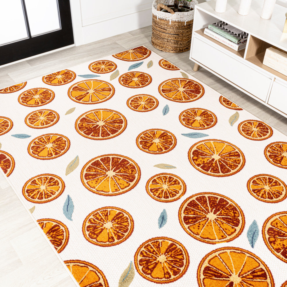 Aranciata Citrus Slice High-Low Indoor/Outdoor Area Rug, Orange/Cream, 4 X 6