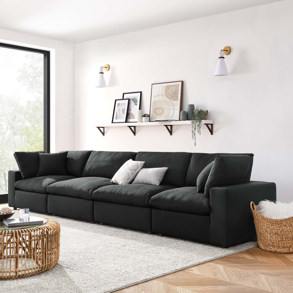 Commix Down Filled Overstuffed 4-Piece Sectional Sofa Set, Black