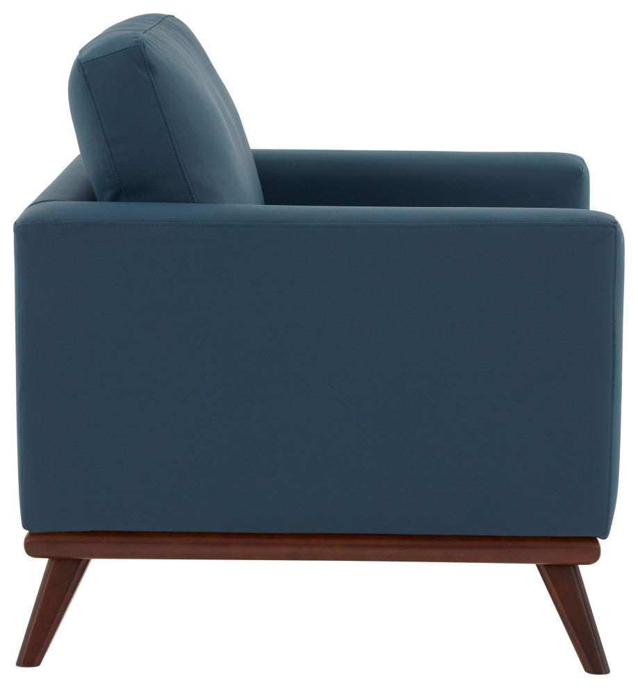 LeisureMod Chester Mid-Century Modern Faux Leather Accent Arm Chair, Navy Blue