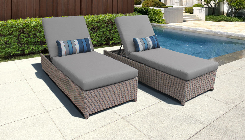 Florence Wheeled Chaise Set of 2 Outdoor Wicker Patio Furniture in Grey