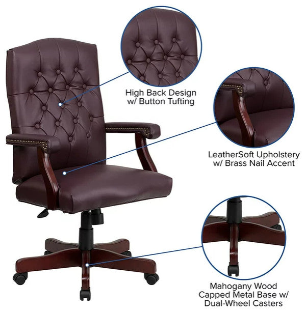Office Chair, Button Tufted Back & Arms With Nailhead, Burgundy Faux Leather
