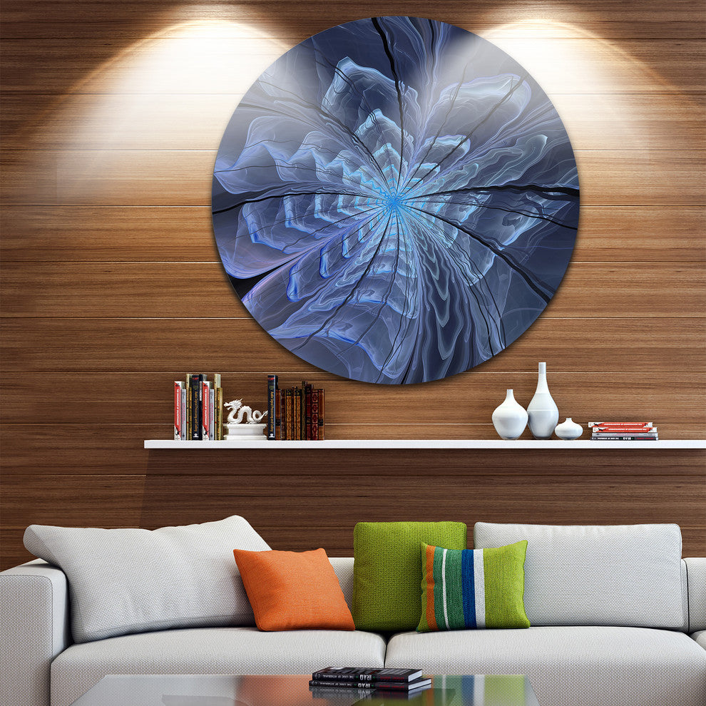 Symmetrical Blue Digital Fractal Flower, Floral Round Artwork, 11"