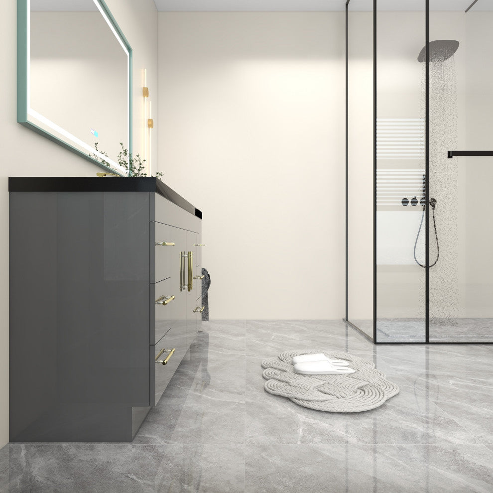 Rosa 60" Free Standing Modern Vanity, High Gloss Gray, Matt Black Top