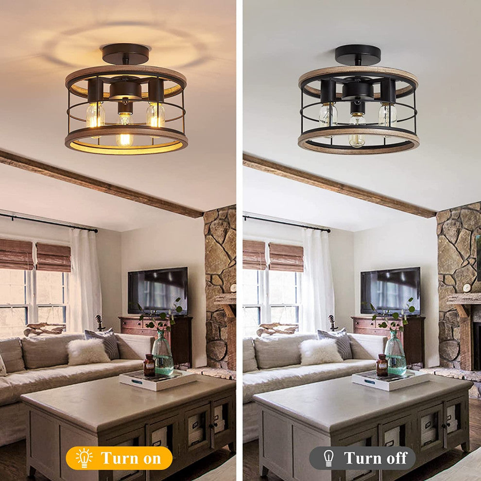 3 Light Industrial Semi Flush Mount Ceiling Lamp Vintage Farmhouse Wood Cage