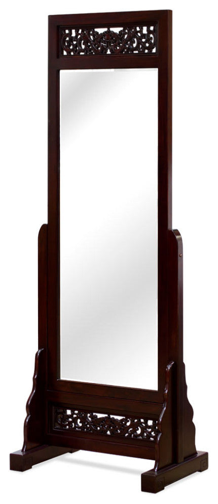 Dark Cherry Dragon Motif Elmwood Chinese Full Length Floor Mirror