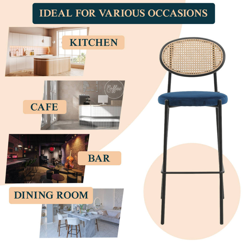 LeisureMod Euston Wicker Bar Stool With Black Steel Frame and Footrest, Navy Blue