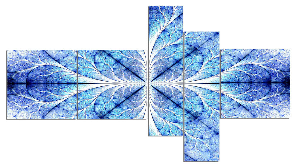 Symmetrical Light Blue Pattern, Floral Art Canvas Print, 60"x32", 5 panels