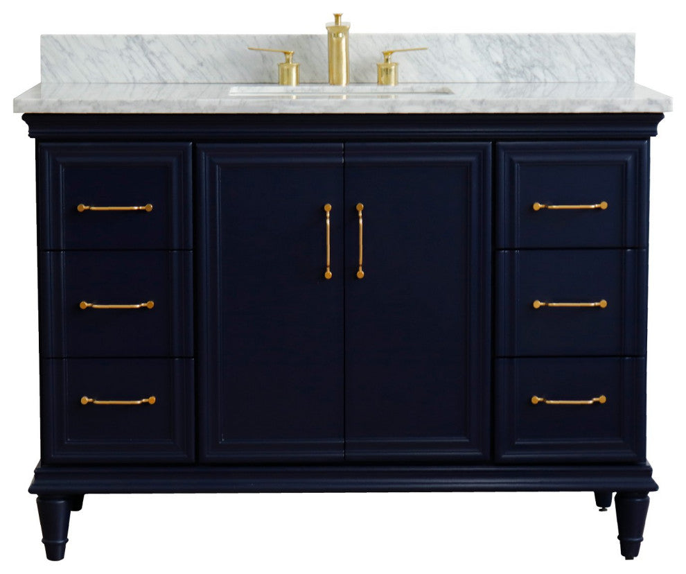 49" Single Sink Vanity, Blue Finish With White Carrara Marble