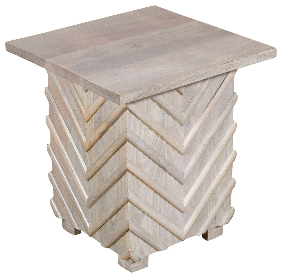 Zane Mango Solid Wood End Table With Zig-Zag Pattern, White Wash