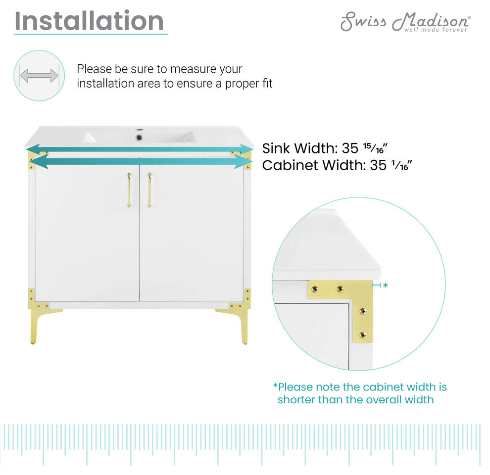 Voltaire 36" Single, Bathroom Vanity, White With Gold Hardware