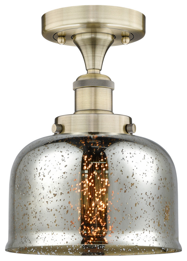Bell-1 Light 8" Semi-Flush Mount-Antique Brass, Silver Plated Mercury Shade