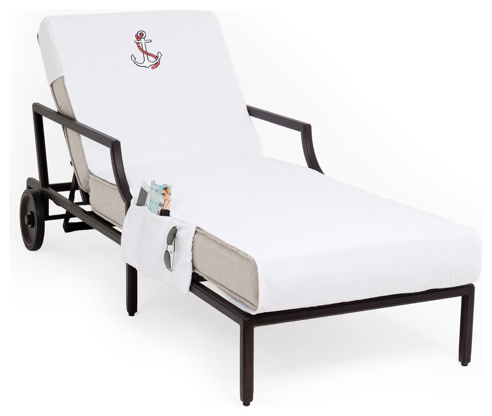 Anchor Embroidered Standard Size Chaise Lounge Cover With Side Pockets, White