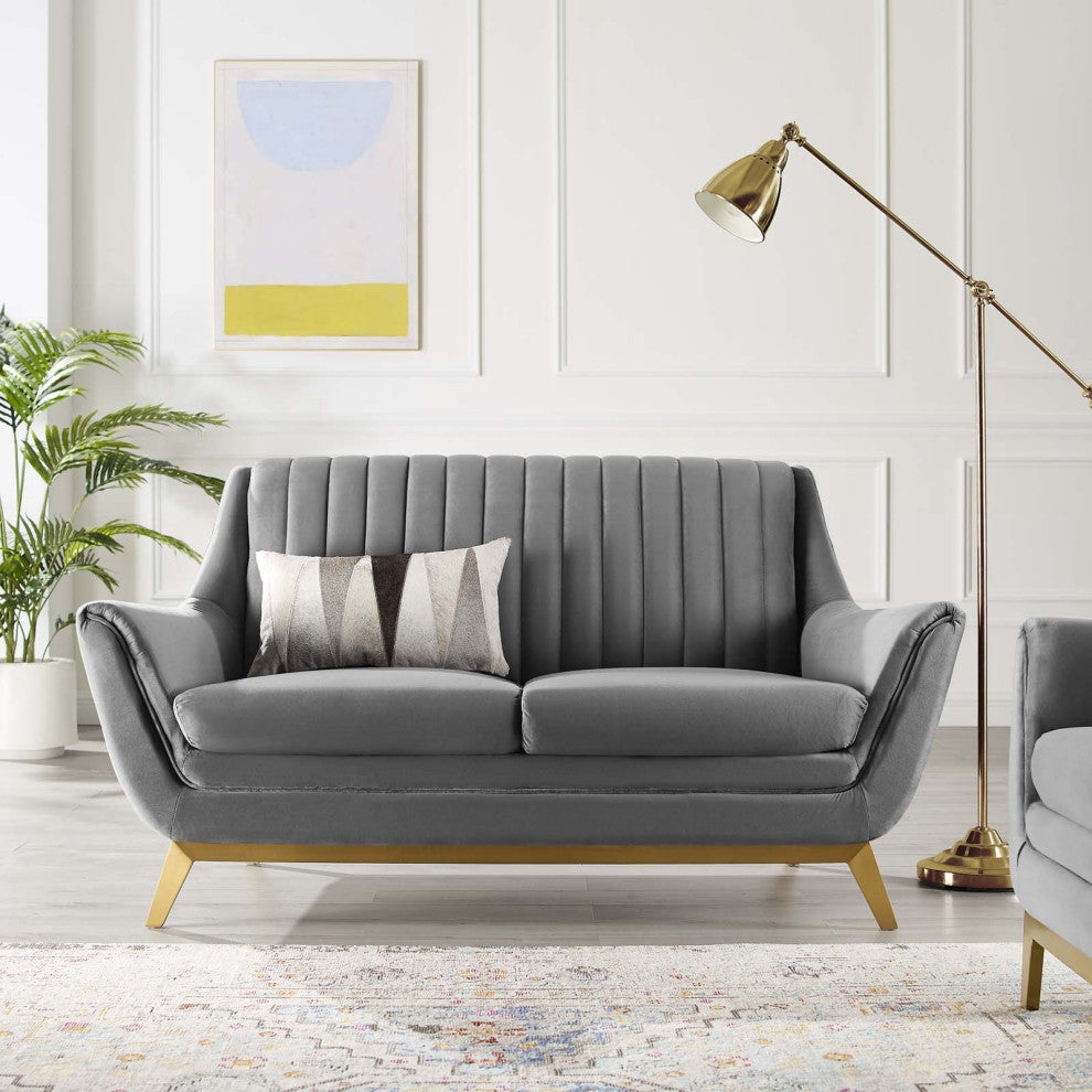 Tufted Loveseat Sofa, Velvet, Gray, Modern, Living Lounge Hotel Hospitality