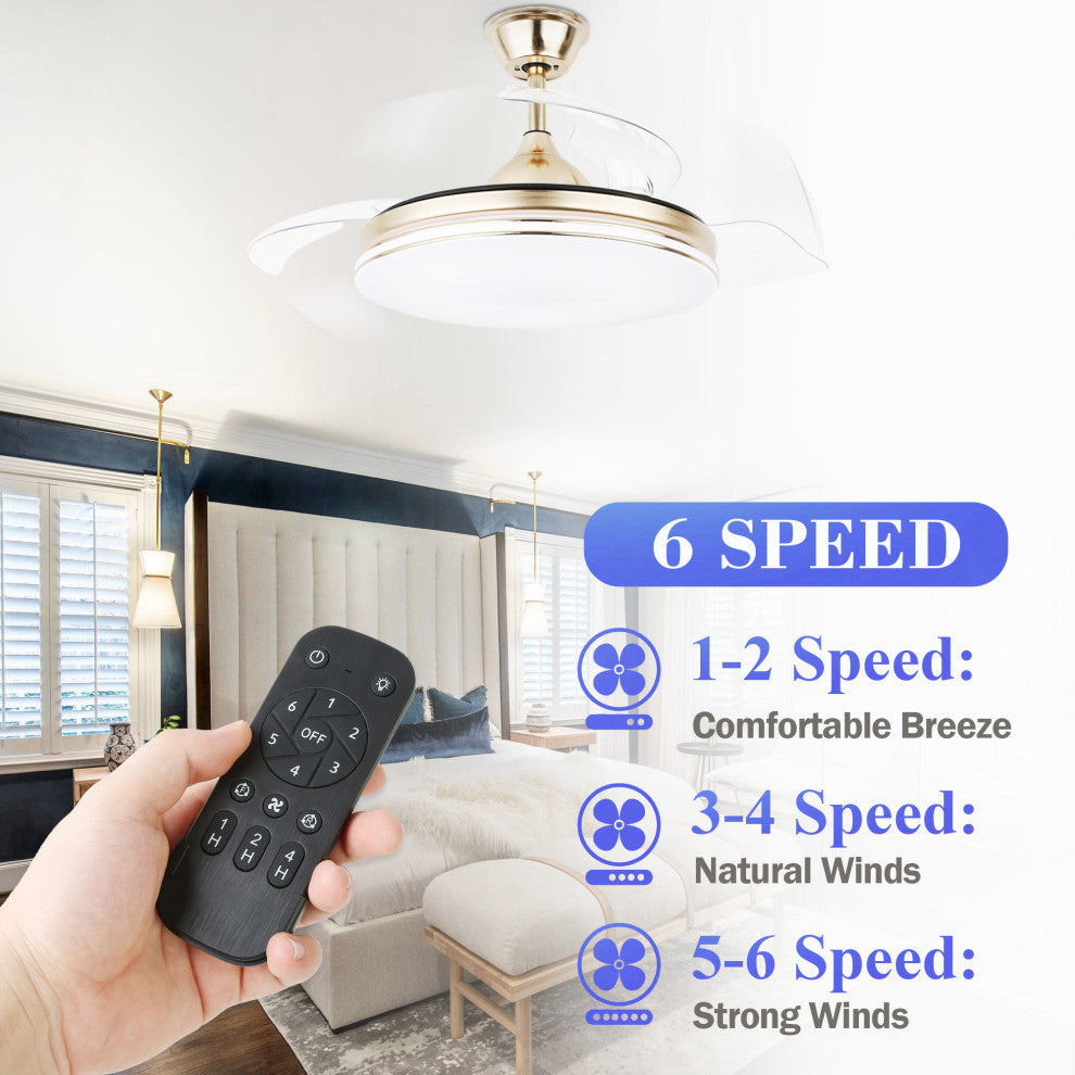42" Modern Retractable Ceiling Fan with Light Kit and Remote Control 3 Blades, Gold, 42"