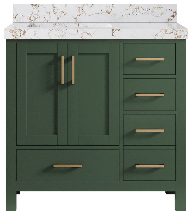 Malibu 36 Left Offset Bath Vanity in Lafayette Green 2" Viola Gold