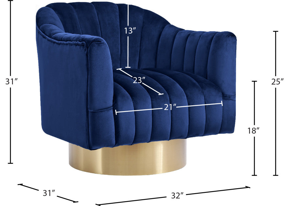 Farrah Velvet Upholstered Accent Chair, Navy, Gold Swivel Base