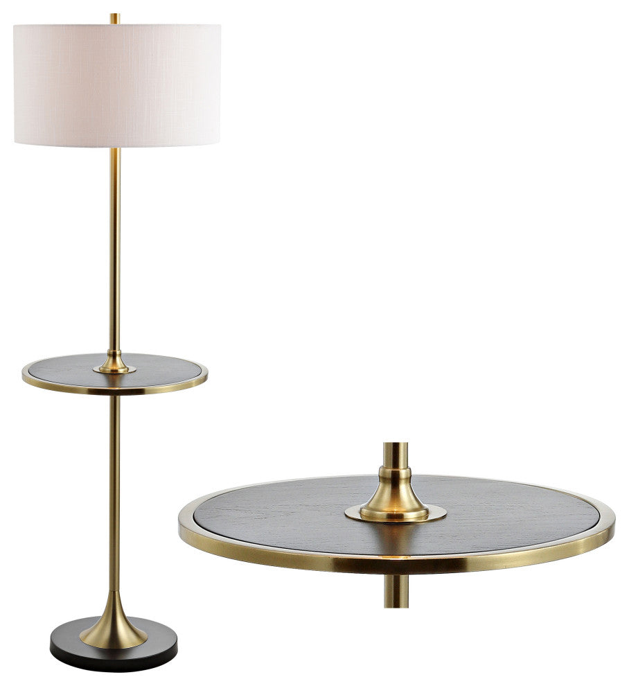 Luce Metal, Wood LED Floor Lamp With Table, Black, Brass, 59"