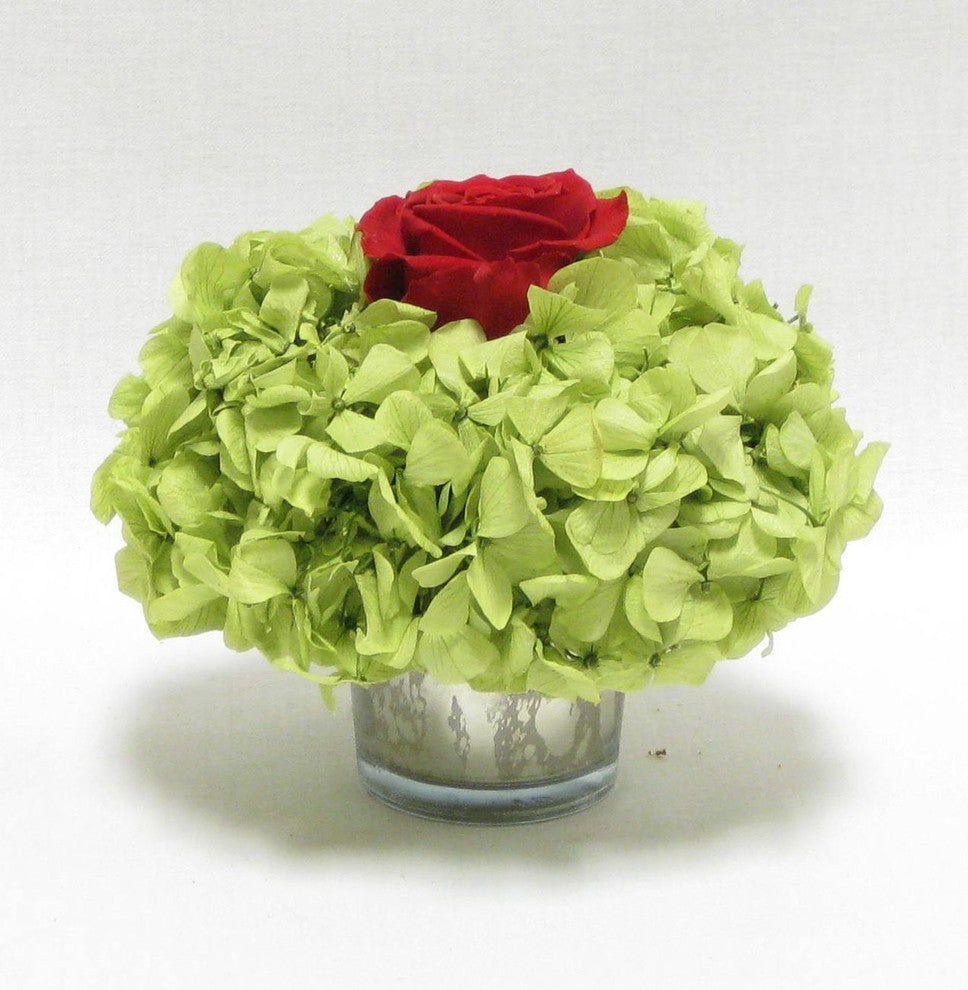 Mercury Glass Votive, Red Rose and Basil Hydrangea