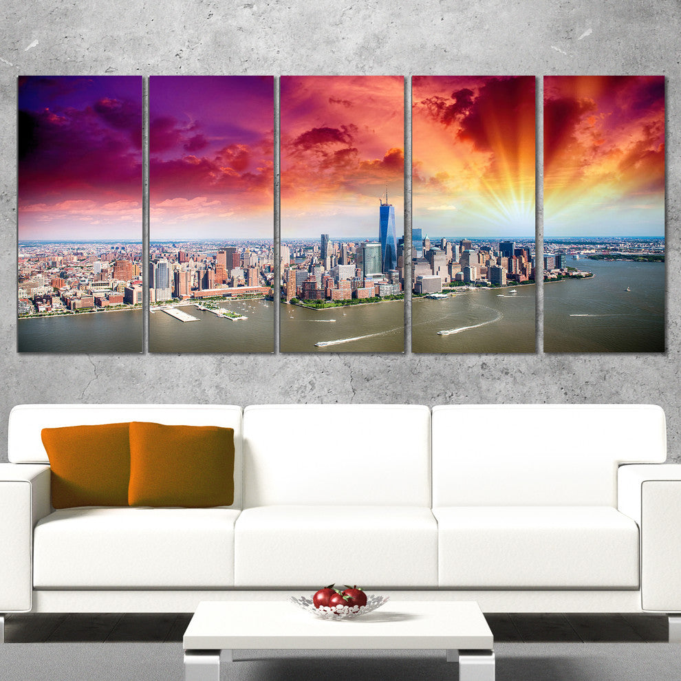 Colorful New York Skyline Aerial View, Cityscape Canvas Print, 60"x28", 5 Panels