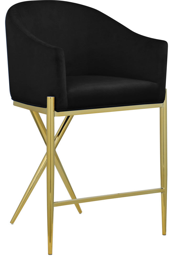 Xavier Velvet Upholstered Counter Height Stool, Black, Gold Finish