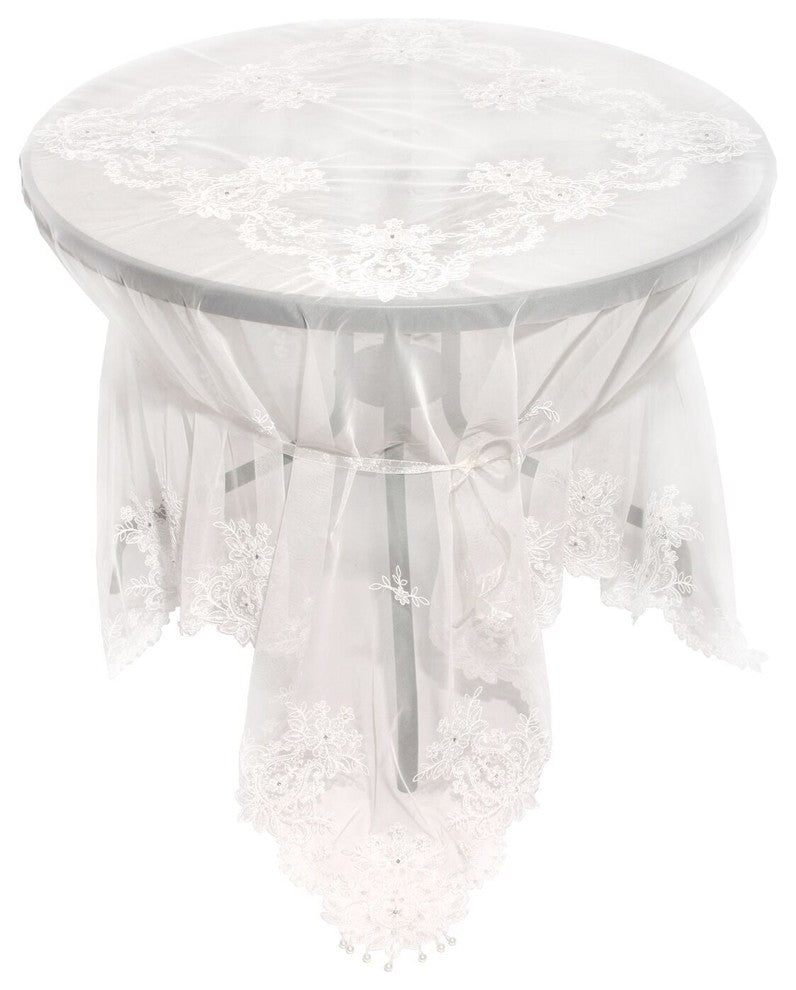 Paisley Lace Embroidered Tablecloth With Beaded Accents, 80"x80"