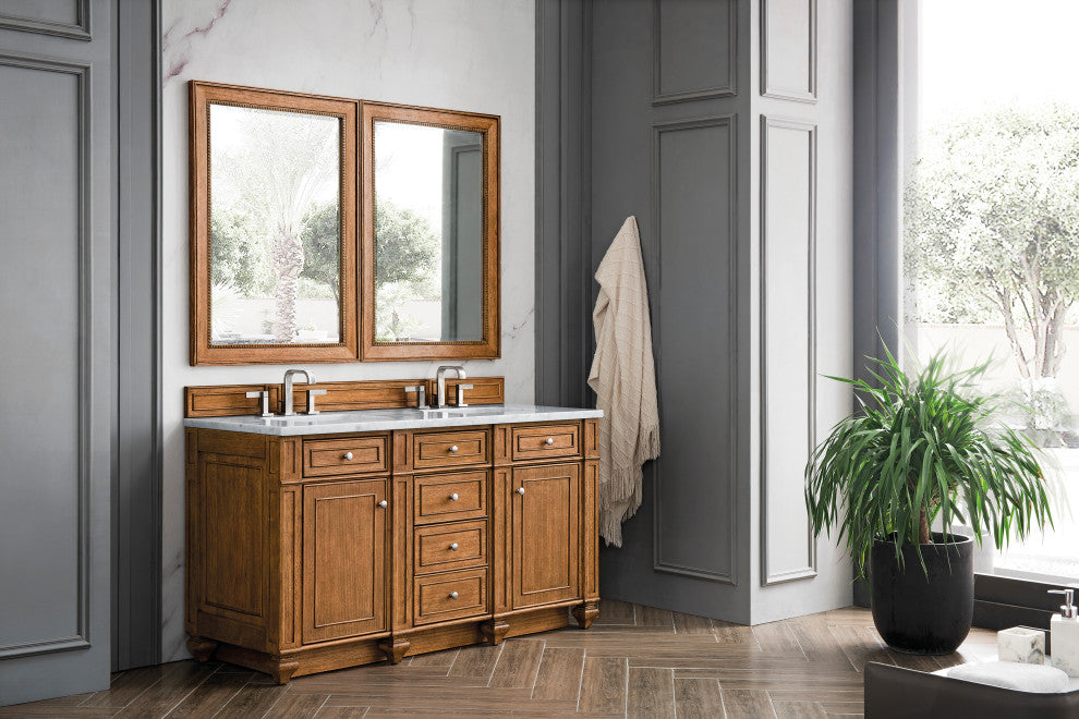 Bristol 60" Double Vanity, Saddle Brown, Arctic Fall Solid Surface Top
