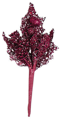 Mini Glitter Leaf and Cone Pick, Burgundy, 7"