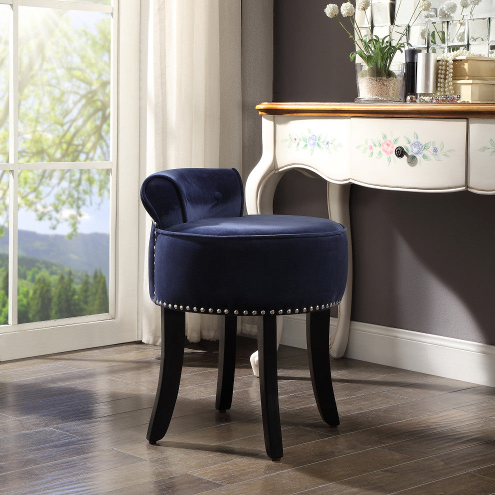 Ludovic Velvet Contemporary Nailhead Trim Rolled Back Vanity Stool, Navy