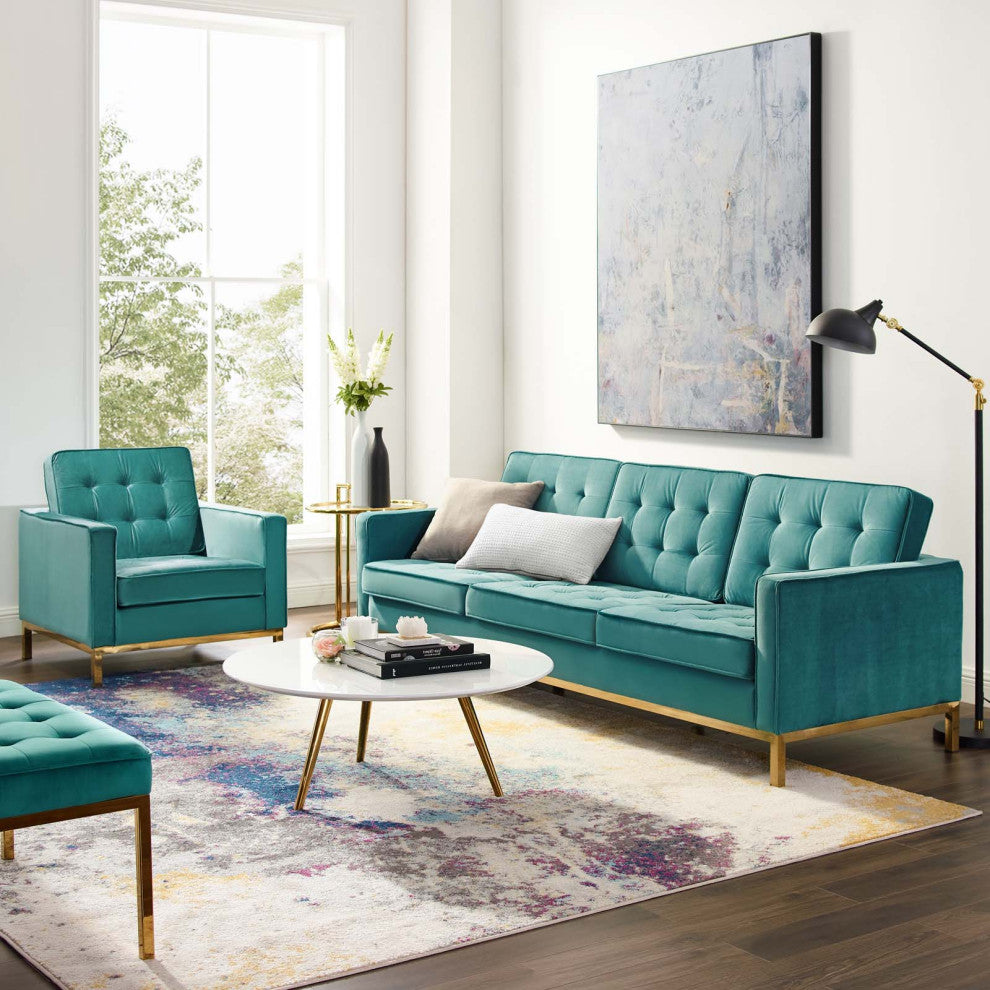 Armchair and Sofa Set, Velvet, Gold Teal Blue, Modern, Living Lounge Hospitality