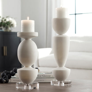 Lido White Stone Candleholders, Set/2"