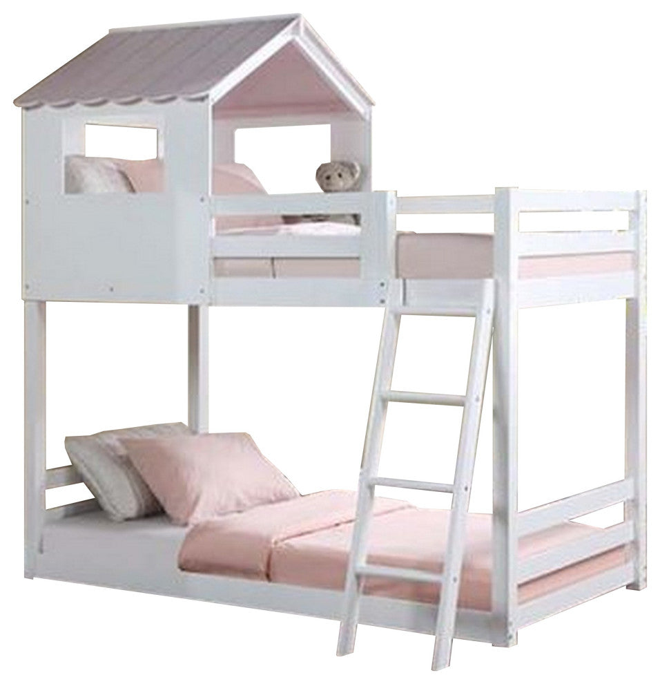 Benzara BM269543 Twin Over Twin Bunk Bed, Fixed Ladder & Pitched Top Roof, White