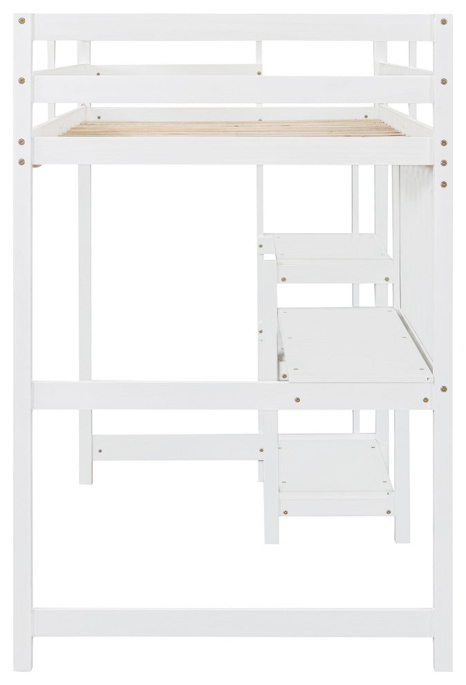 Gewnee Twin Size Wooden Loft Bed with Shelves in White